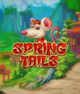 A whimsical illustration of a white rat dressed in traditional Chinese attire positioned in front of a picturesque mountain backdrop. The image promotes the Spring Tails Slot by Betsoft, showcased with bold red and gold logo lettering.